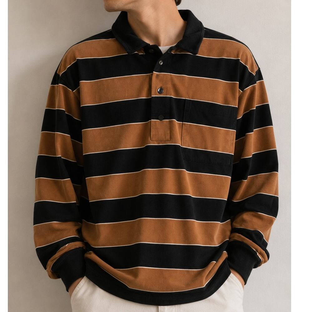 Carhartt WIP Bills Rugby Shirt Brown Black Striped Long Sleeve Polo Rare – XXL